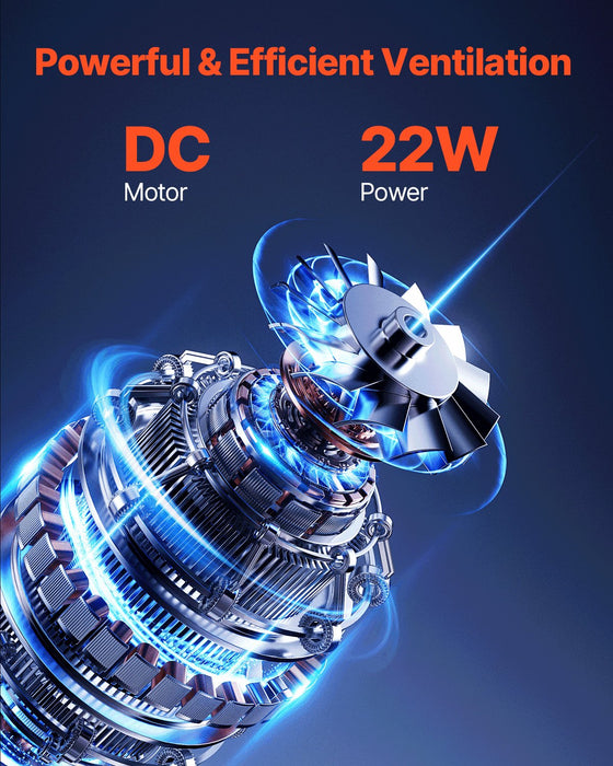 DC motor with 22W power on a dark blue background, highlighting powerful and efficient ventilation.