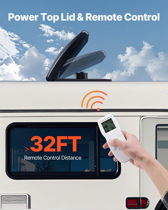 Power top lid with remote control and display on a vehicle, against a blue sky.