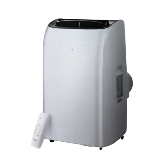 Portable air conditioner with remote control on a white background