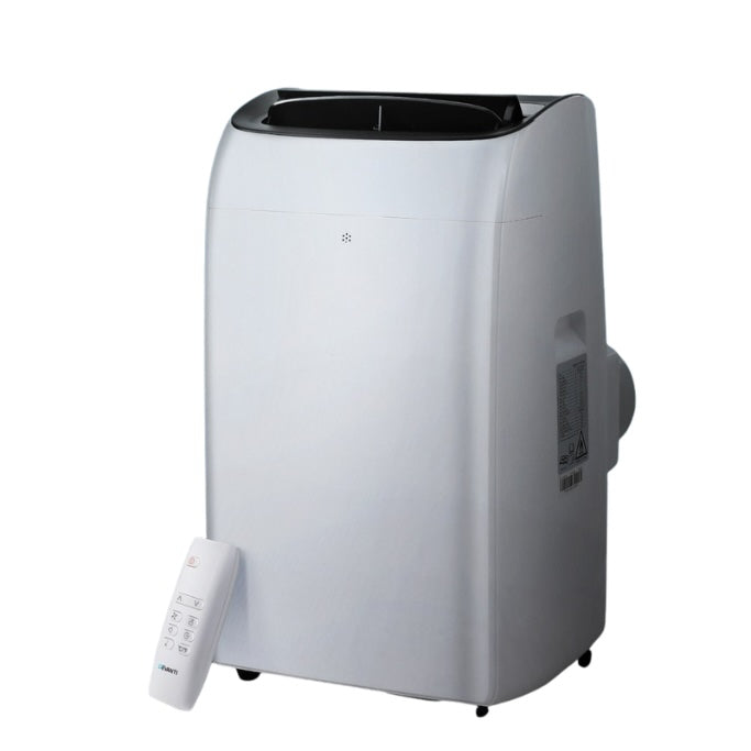 Portable air conditioner with remote control on a white background