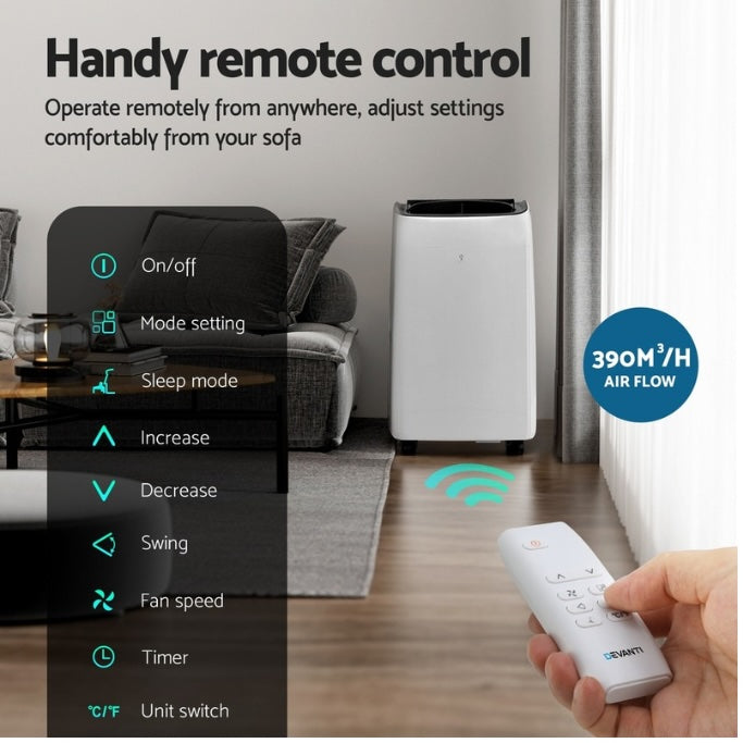 Air conditioner with remote control in a living room setting, highlighting remote operation features.
