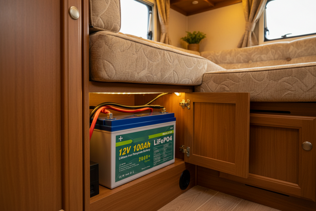12V 100Ah LiFePO4 battery in a caravan