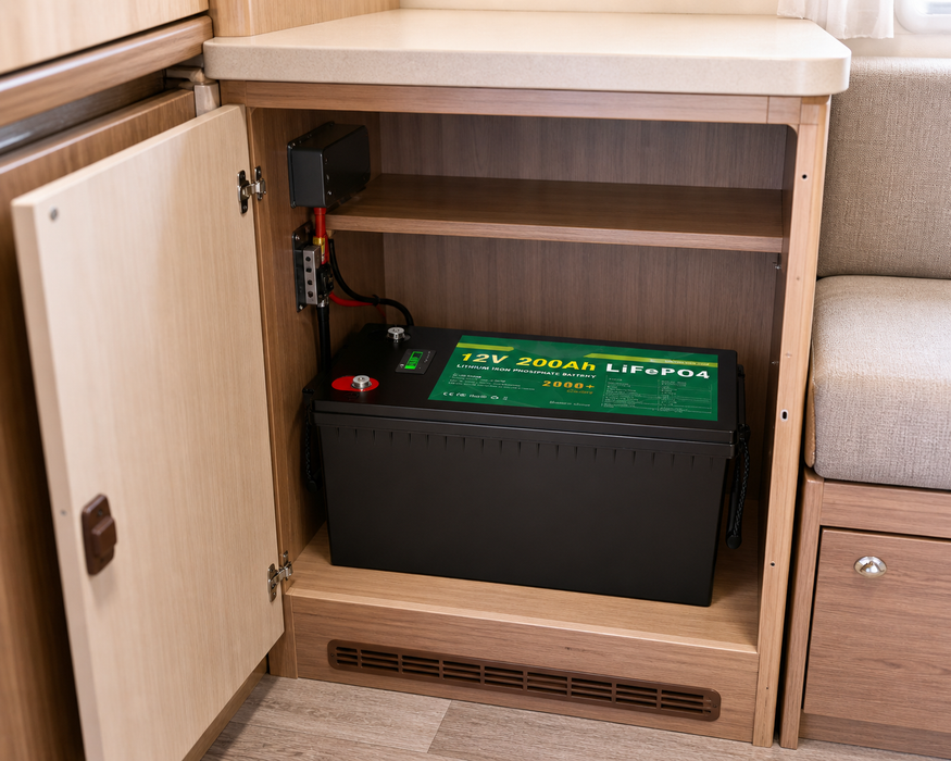 Battery inside a wooden cabinet with electrical components in a vehicle or RV setting.