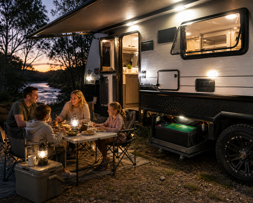 Caravan lights powered by 12V 200AH battery, with family sitting at a table outside by a lake at dusk.