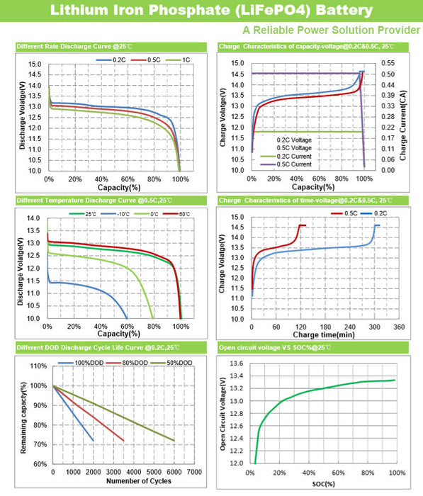 Graphs and charts detailing the performance of a Lithium Iron Phosphate (LiFePO4) battery