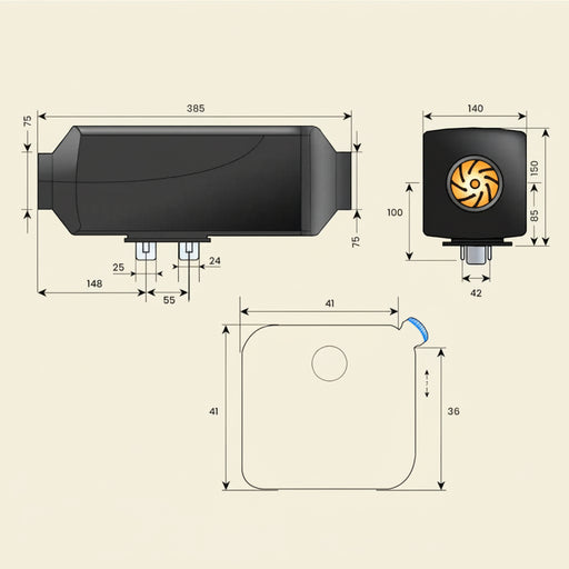 Technical drawing of a 12V caravan diesel heater with dimensions