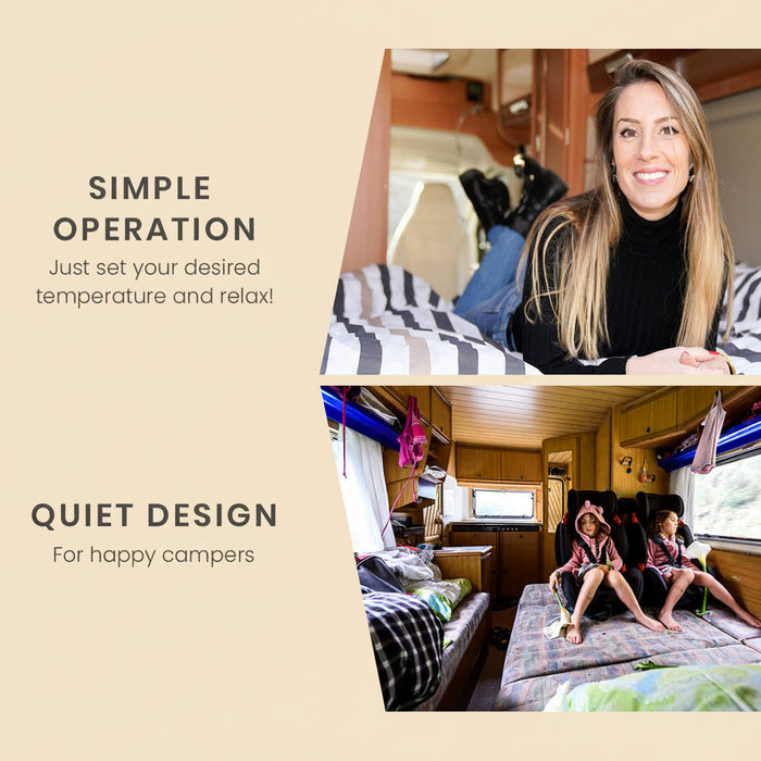 Woman inside a camper with text about temperature control and quiet design.