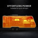 Trailer with glowing interior on a dark background, labeled 'Effortless Power' and 'Suitable for up to 44 sqm'.