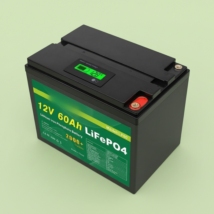 12V 60Ah LiFePO4 battery with digital display