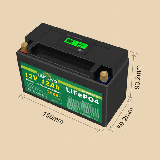Sunovo LiFePO4 battery with digital display and dimensions