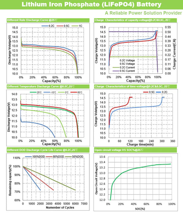 Graphs and charts detailing the performance of a Lithium Iron Phosphate (LiFePO4) battery