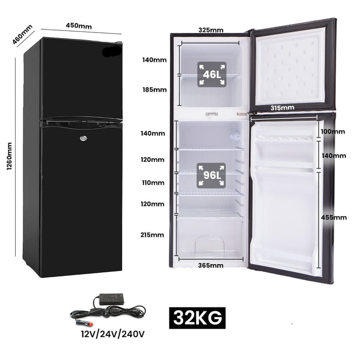 Black refrigerator with dimensions and specifications on a white background