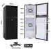 Black refrigerator with dimensions and specifications on a white background