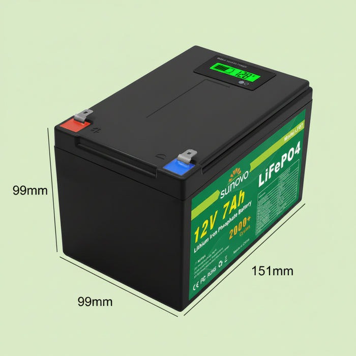 Sunovo lithium iron phosphate battery with dimensions labeled