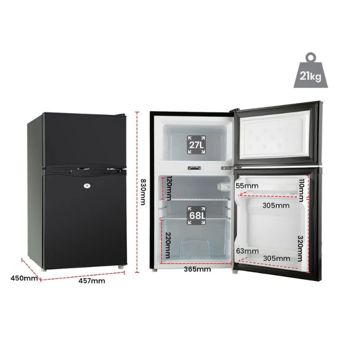 Black refrigerator with dimensions and weight displayed