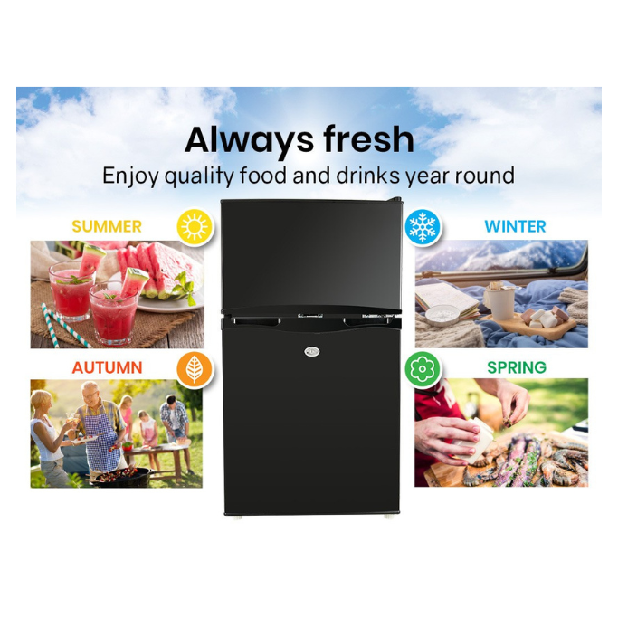 Black refrigerator showing features for different seasons