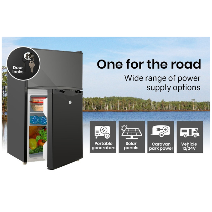 Portable refrigerator with power supply options displayed