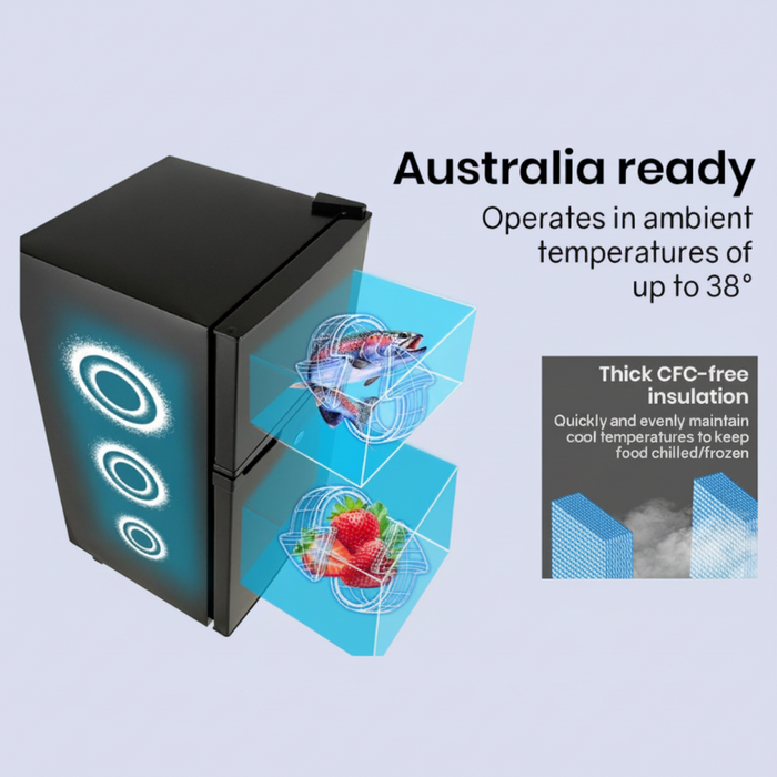 Black refrigerator with text about operating in high temperatures and CFC-free insulation.