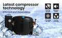 Black compressor cooler surrounded by ice cubes with features highlighted on a snowy background