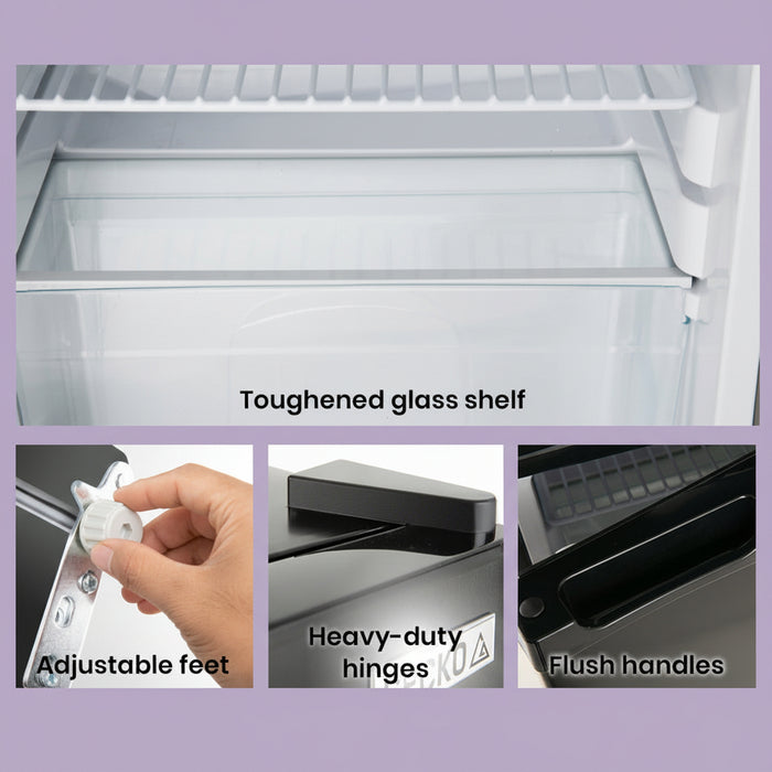 Collage of features for caravan fridge freezer, including a toughened glass shelf, adjustable feet, heavy-duty hinges, and flush handles.