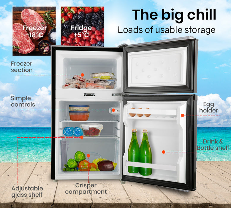 Caravan fridge freezer with labeled features