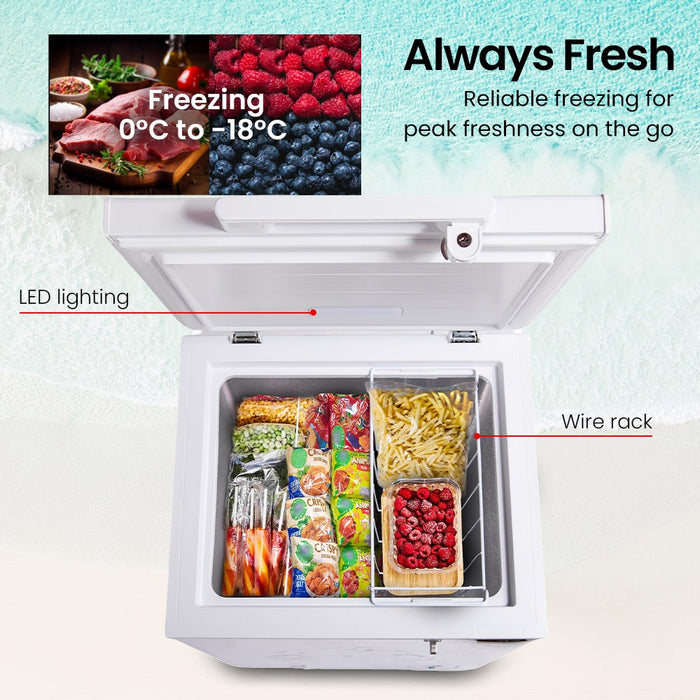 Portable freezer with food items inside, labeled features like LED lighting and wire rack, with a focus on freezing capabilities.
