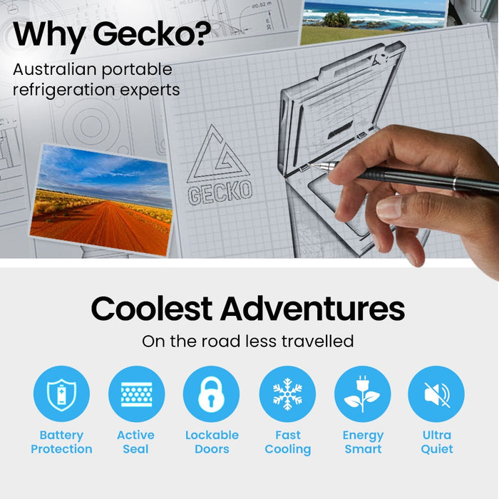 12V Chest Deep Freezer 100L unit with hand holding pen on graph paper, scenic images, and feature icons.