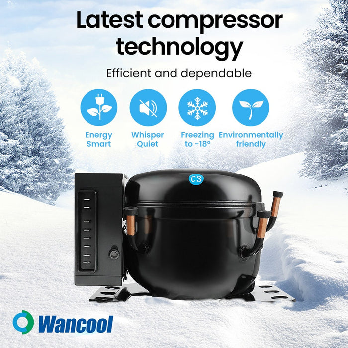 Wancool compressor technology in a snowy landscape with features listed.
