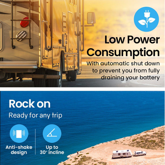 Advertisement for an RV with text about low power consumption and features like anti-shake design.