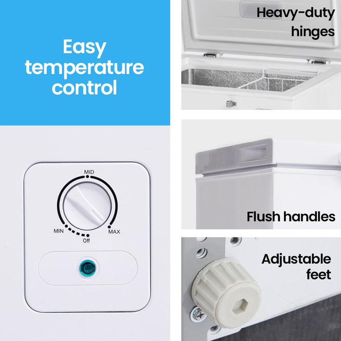 Collage of features including easy temperature control, heavy-duty hinges, flush handles, and adjustable feet on a refrigerator.