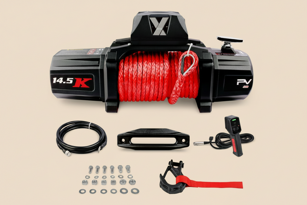 Offroad winch with red cable and accessories