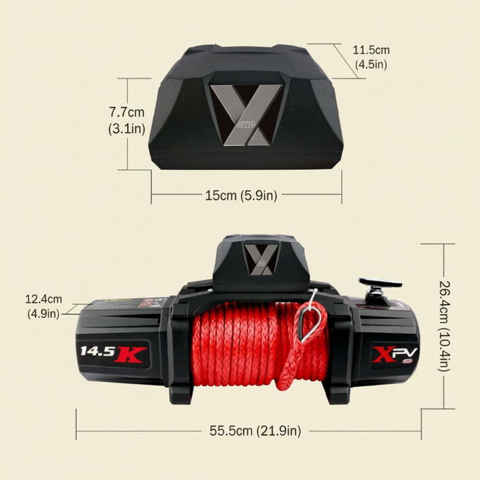 Electric winch with red cable and dimensions labeled