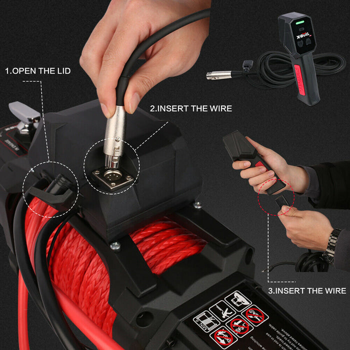 Step-by-step guide on using a 12V electric winch with red cables and a handheld tool.