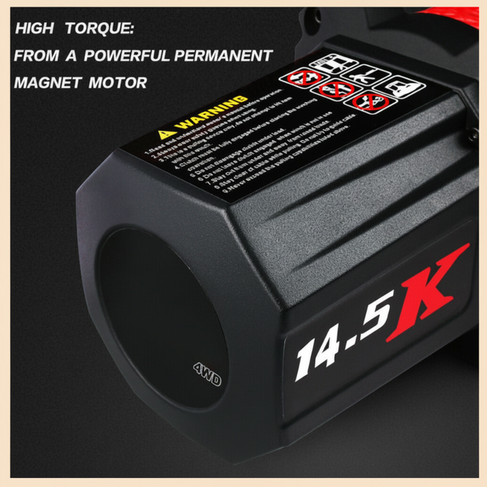12V electric winch with '14.5K' branding and warning label