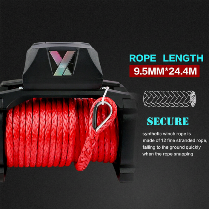 Winch with red synthetic rope on a black background, featuring product details.