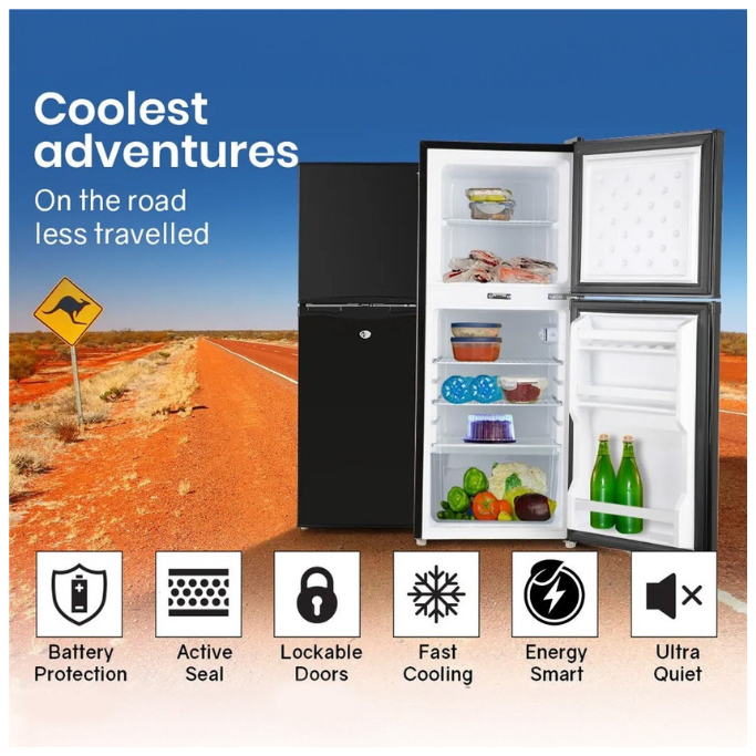 Portable refrigerator on a road trip with features highlighted