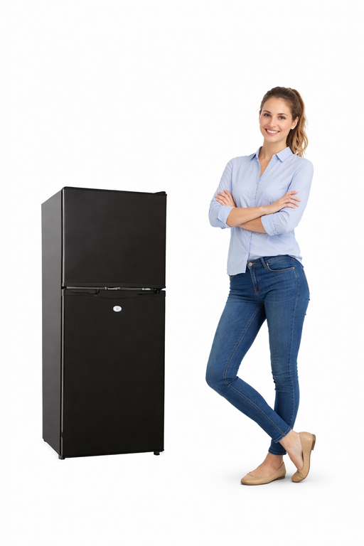 Black caravan fridge freezer with woman standing next to it