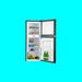 Black refrigerator with open doors showing various food items