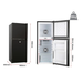 Black refrigerator with open door showing interior dimensions and weight 