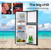 Diagram of a refrigerator with labeled sections and images of food items