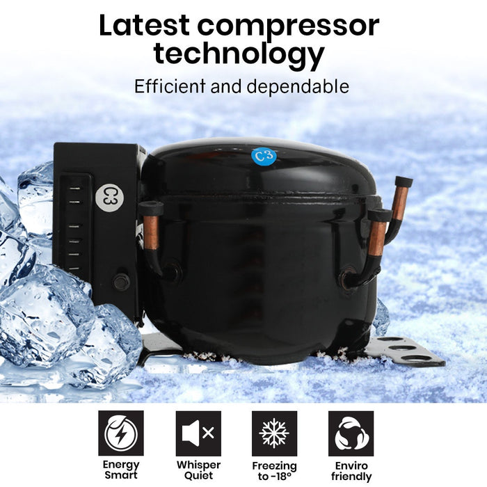 Black compressor with ice cubes and text highlighting latest compressor technology