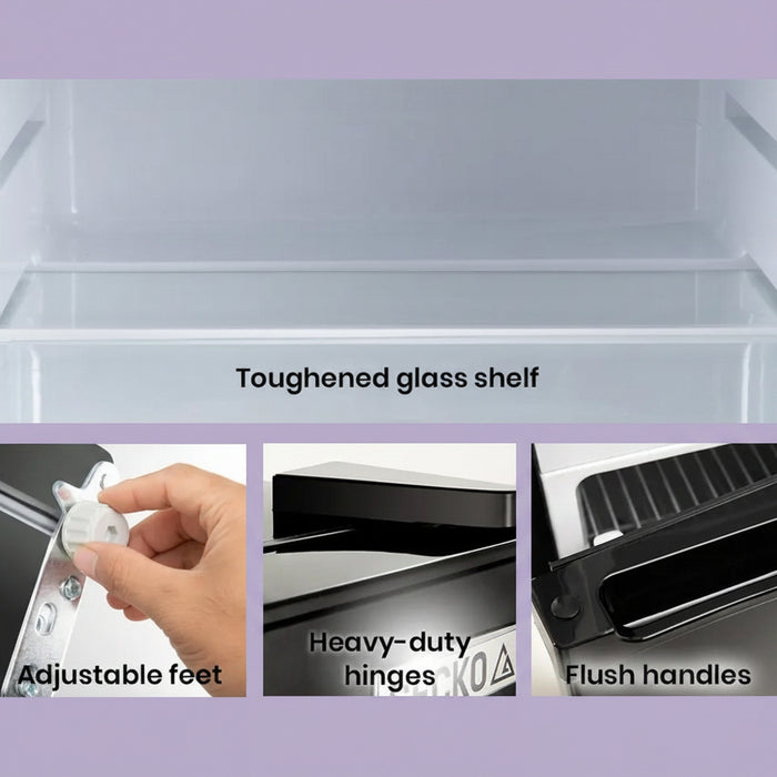 Toughened glass shelf with adjustable feet, heavy-duty hinges, and flush handles 