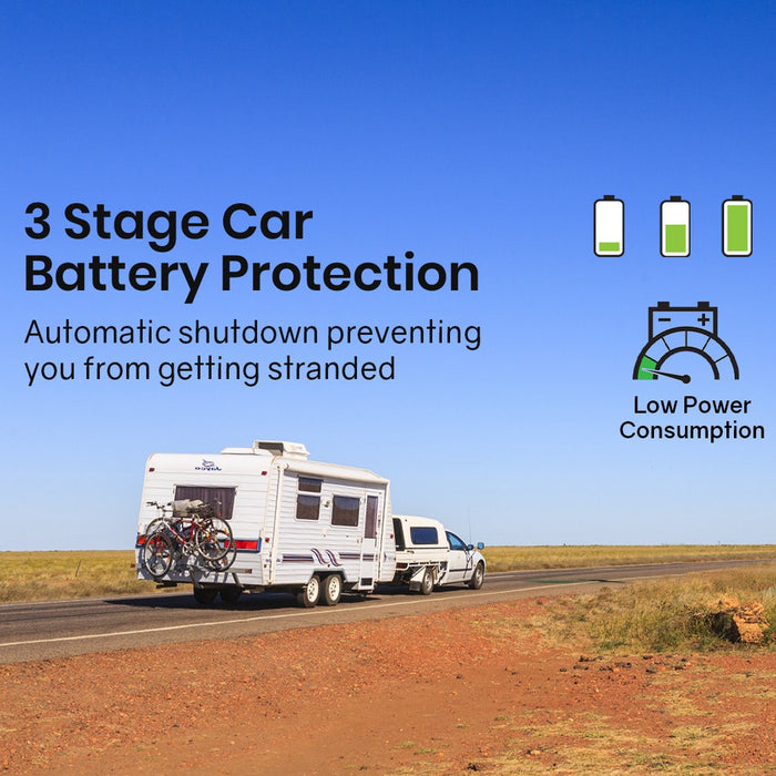 Caravan fridge freezer with 3-stage car battery protection.