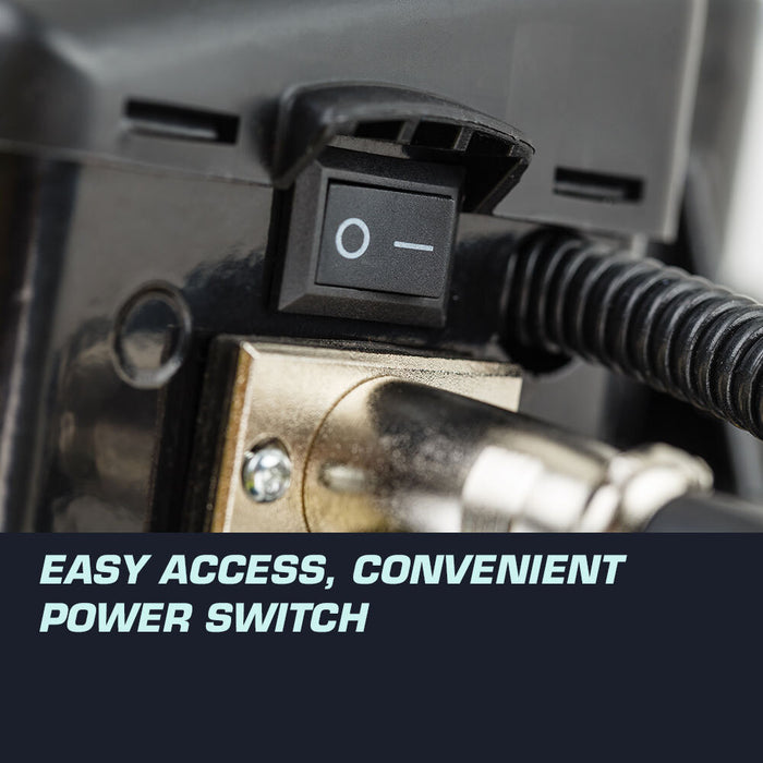Close-up of a power switch on machinery with text 'Easy access, convenient power switch'.