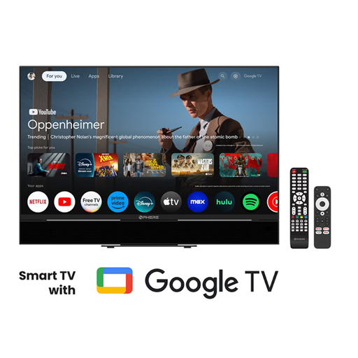 Smart TV with Google TV interface displaying a movie screen, accompanied by remote controls on a white background.