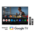 Smart TV with Google TV interface displaying a movie screen, accompanied by remote controls on a white background.