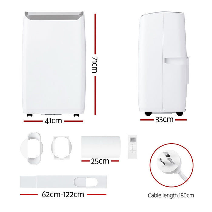 White air-conditioner with dimensions and components displayed on a white background