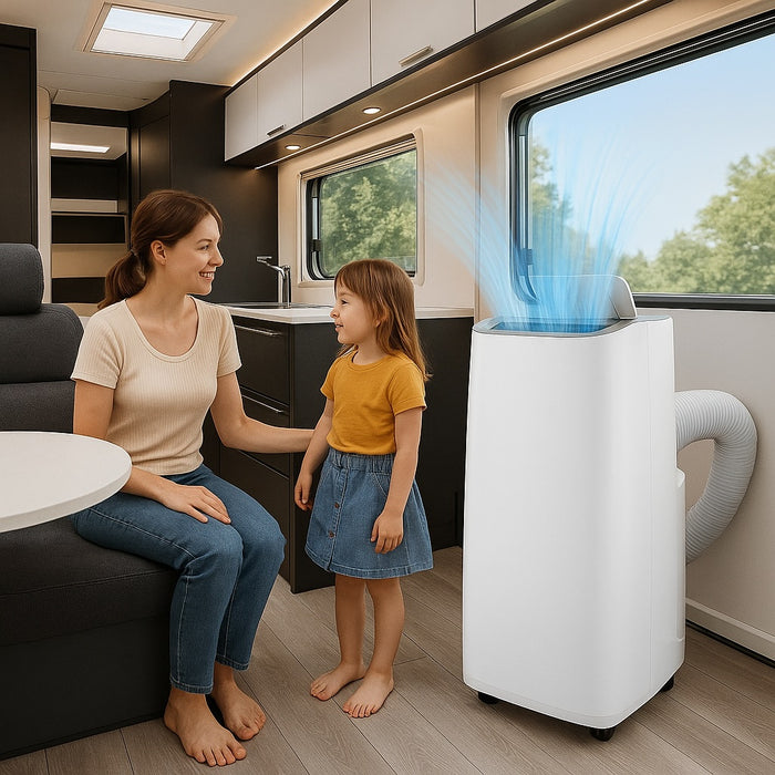 Air Conditioner cooling mum and daughter in a caravan