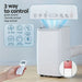 Portable air conditioner with control panel, remote control, and app control features on a light gray background.