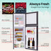 Diagram of a refrigerator with labeled compartments and features, showing food items inside.